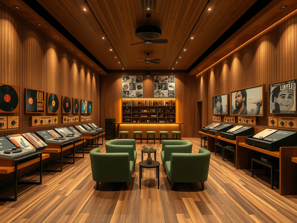 A meticulously designed backstage green room in a premier concert venue, captured in highly realistic photographic style. A long, matte-black counter runs along one wall, topped with a continuous strip of frosted glass bulbs embedded in a frameless mirror, casting bright but diffused white light. On the counter sit neatly arranged topaz-colored water bottles, folded black towels, and a small brushed-steel audio monitor. The opposite wall features sound-absorbing fabric panels in deep charcoal, while the floor is a warm, textured dark wood. A sleek, closed flight case and coiled instrument cables rest neatly in a corner. Shot at eye level with moderate depth of field, the image balances clarity of details with a slightly softened background. The mood is focused and professional, highlighting the behind-the-scenes sophistication of a modern live entertainment facility.