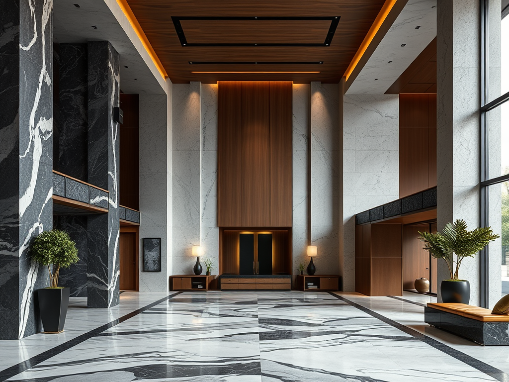 Modern lobby interior featuring marble floors, sleek wooden accents, and elegant lighting, with potted plants and stylish furniture.