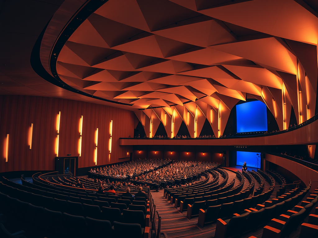 A dramatic wide-angle photographic view of a modern event center lobby at night, dominated by a massive illuminated "Topaz Event Development" sign made of brushed black metal and glowing amber edge lighting. Geometric acoustic panels with a matte charcoal finish line the walls, while a polished black concrete floor reflects streaks of electric blue and magenta LED strips embedded along the walkway. Overhead, a faceted, topaz-colored glass ceiling installation catches focused spotlights, scattering crystalline reflections. The scene is shot from a low, slightly tilted angle to emphasize height and bold architecture, with sharp focus throughout. The atmosphere is energetic and high-end, with strong contrast and cinematic lighting that projects a powerful, contemporary entertainment brand.