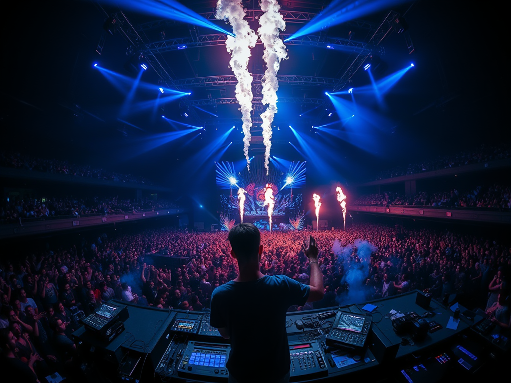 A DJ performing at a crowded concert with blue lighting and a large screen displaying visual effects, surrounded by an enthusiastic audience.