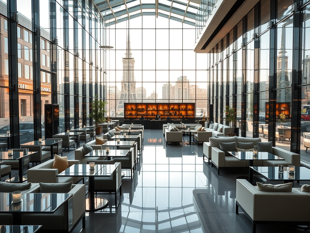 Modern lounge area with glass walls and city skyline view, featuring comfortable seating and elegant decor.