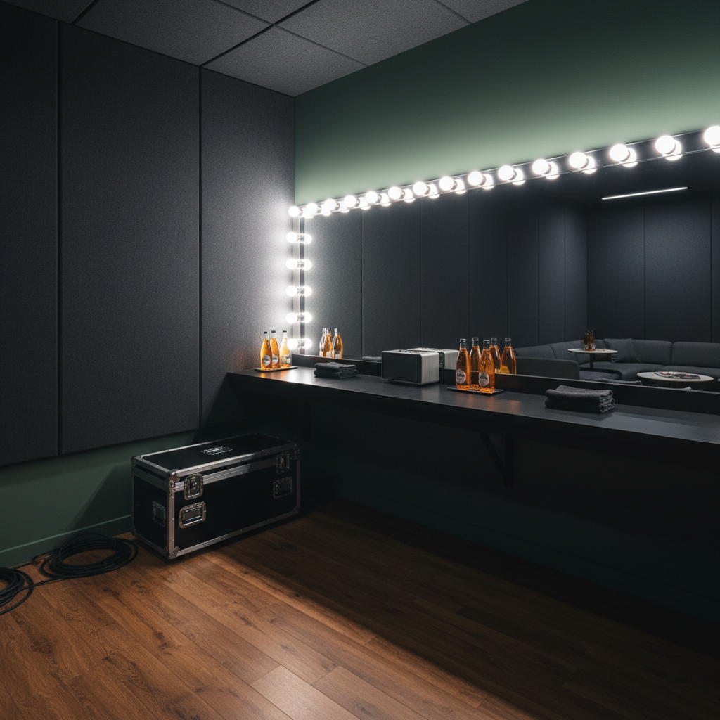 A meticulously designed backstage green room in a premier concert venue, captured in highly realistic photographic style. A long, matte-black counter runs along one wall, topped with a continuous strip of frosted glass bulbs embedded in a frameless mirror, casting bright but diffused white light. On the counter sit neatly arranged topaz-colored water bottles, folded black towels, and a small brushed-steel audio monitor. The opposite wall features sound-absorbing fabric panels in deep charcoal, while the floor is a warm, textured dark wood. A sleek, closed flight case and coiled instrument cables rest neatly in a corner. Shot at eye level with moderate depth of field, the image balances clarity of details with a slightly softened background. The mood is focused and professional, highlighting the behind-the-scenes sophistication of a modern live entertainment facility.