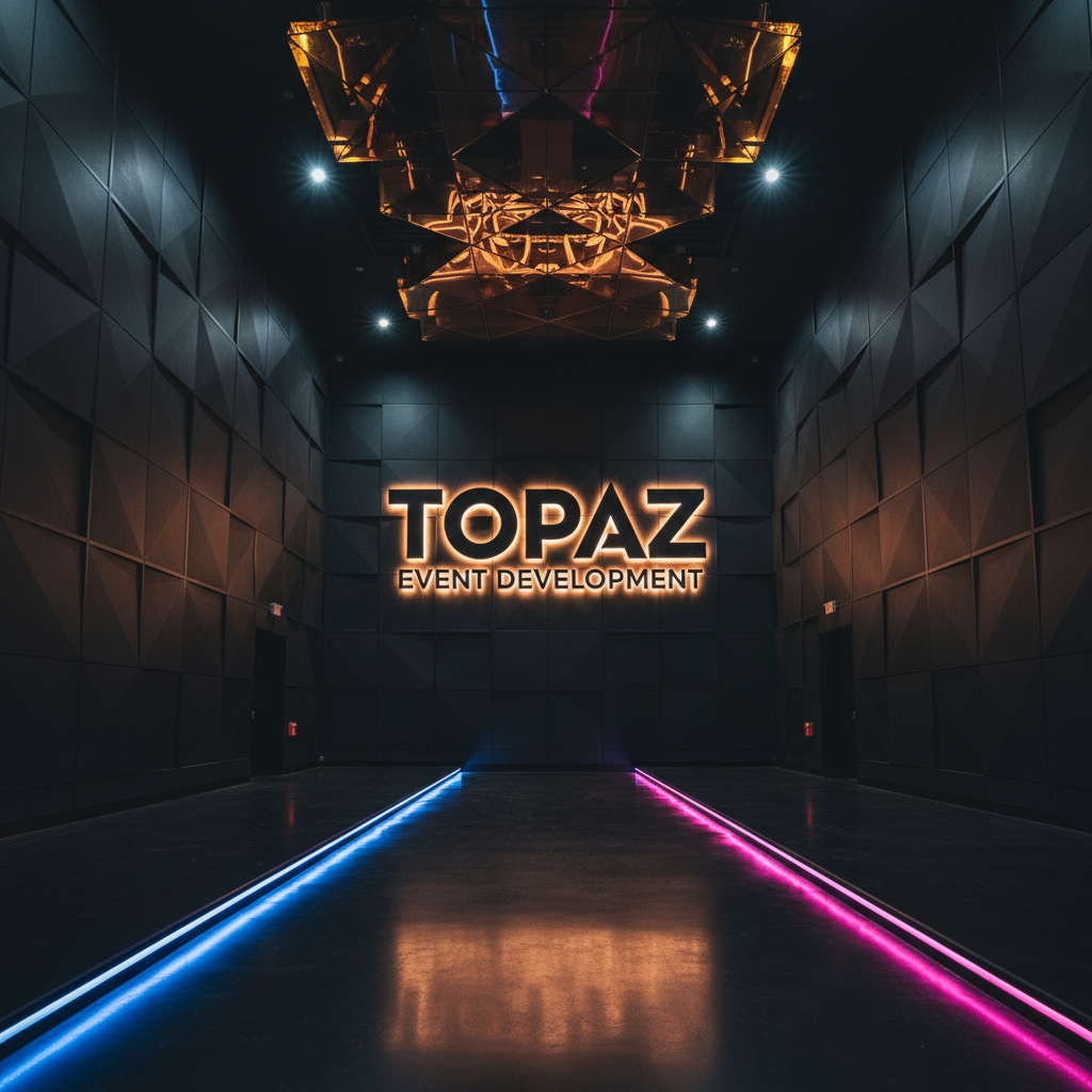 A dramatic wide-angle photographic view of a modern event center lobby at night, dominated by a massive illuminated "Topaz Event Development" sign made of brushed black metal and glowing amber edge lighting. Geometric acoustic panels with a matte charcoal finish line the walls, while a polished black concrete floor reflects streaks of electric blue and magenta LED strips embedded along the walkway. Overhead, a faceted, topaz-colored glass ceiling installation catches focused spotlights, scattering crystalline reflections. The scene is shot from a low, slightly tilted angle to emphasize height and bold architecture, with sharp focus throughout. The atmosphere is energetic and high-end, with strong contrast and cinematic lighting that projects a powerful, contemporary entertainment brand.
