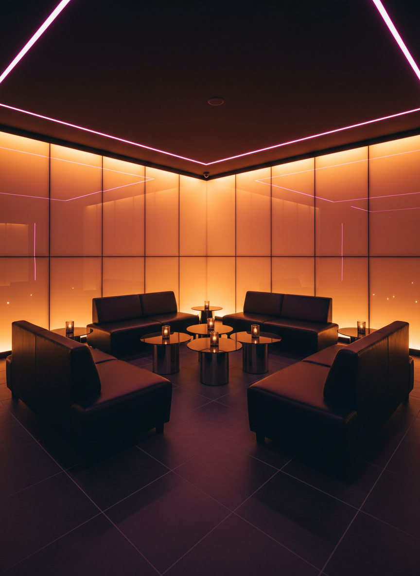 A sleek, atmospheric VIP lounge inside a modern event center, rendered in photographic realism. Low, angular black leather sectionals with subtle sheen surround a central cluster of smoked-glass tables, each holding minimalist chrome candle cylinders emitting warm, flickering light. The floor is a deep, matte slate tile, contrasting with a backlit wall of faceted, topaz-colored glass panels that emit a soft amber glow. Neon magenta accent strips trace the ceiling perimeter, adding a bold, futuristic edge. Shot from a slightly elevated corner perspective, the composition uses rule of thirds to highlight both intimate seating and architectural details. The lighting is moody and layered, creating pockets of shadow and glow that feel exclusive, stylish, and perfectly tuned for pre- or post-concert gatherings in a high-end entertainment venue.