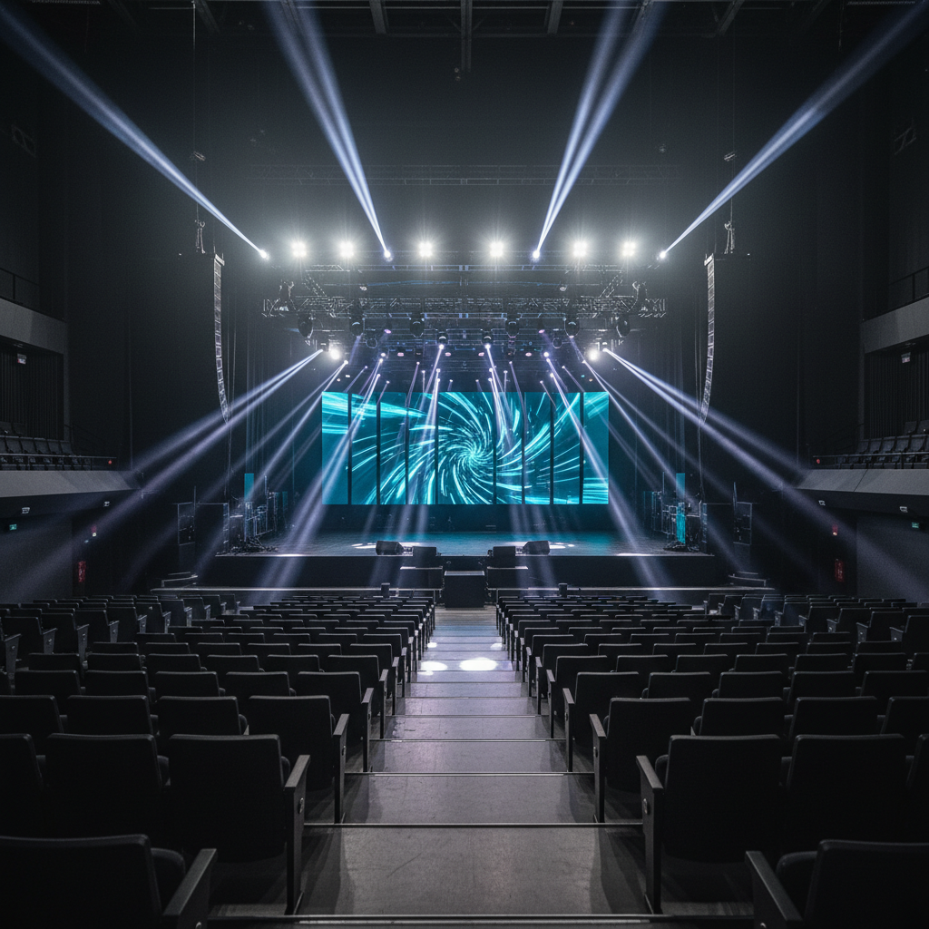 An expansive, empty concert hall interior in photographic realism, featuring a massive stage framed by matte-black trusses and towering line-array speakers. The stage floor is deep charcoal with subtle texture, leading back to a glowing LED screen wall displaying an abstract topaz-colored light pattern. Razor-sharp beams from intelligent moving-head lights cut through a faint atmospheric haze, casting defined shafts of white and electric purple across rows of sleek, dark seating. Shot from the rear of the hall at eye level with a slight telephoto compression, the image emphasizes depth and symmetry. The mood is anticipatory and electrifying, conveying a space engineered for powerful live music performances and immersive concerts, with bold, high-contrast lighting and a modern, professional production aesthetic.